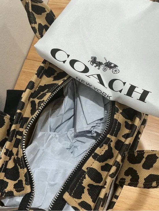 Coach Leopard Canvas Tote Bag 26 in Tan and Black with Embroidered Logo - Picture 7 of 11